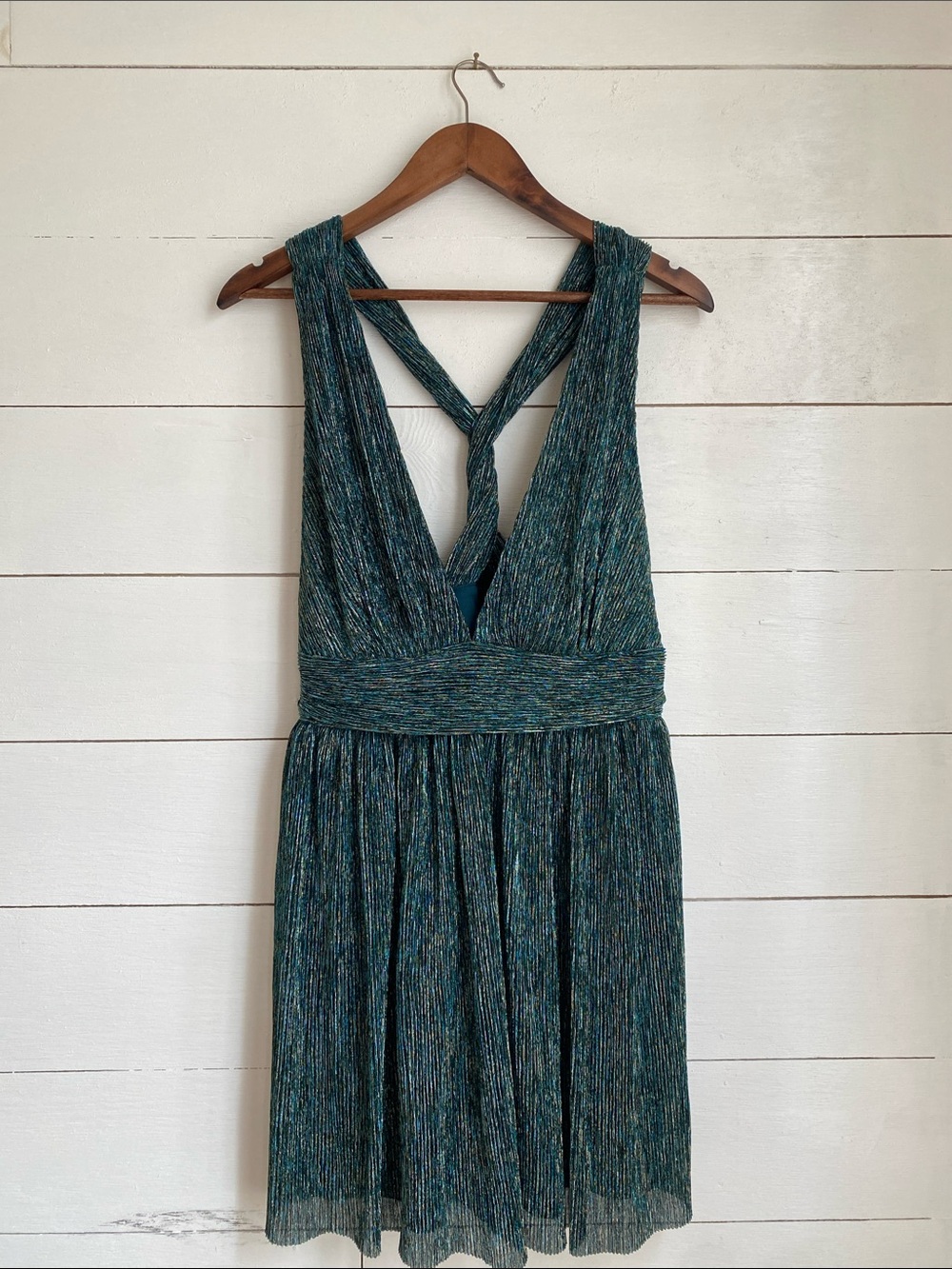 Lulu's Teal Metallic Plunging Backless Pleated Dress